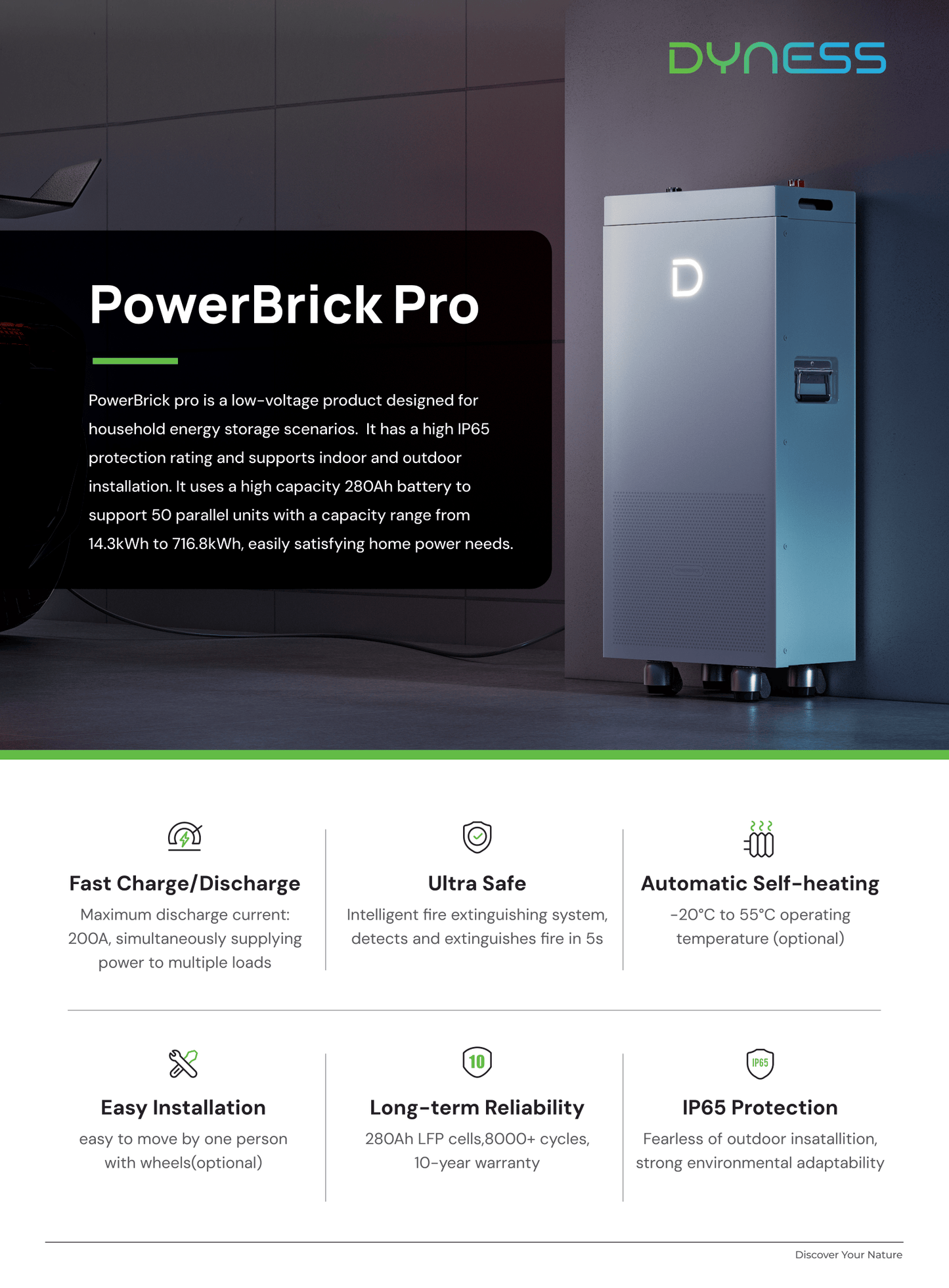 Dyness PowerBrick Pro 14.336kWh LiFePO4 energiasalvestusaku (IP65, 51.2V / 280Ah)